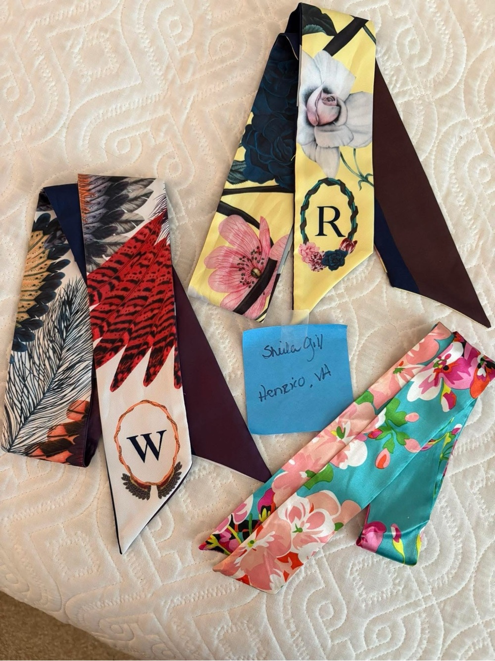 Silk Floral and Feather Twilly Scarves - Multicolor - set of 3